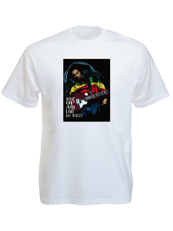 Bob Marley Tee Shirt Blanc Manches Courtes Wake Up and Live
