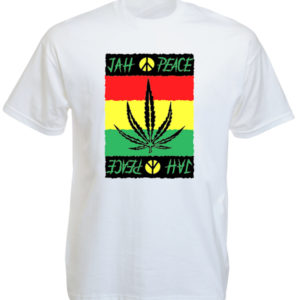 Jah Peace Tee Shirt Blanc Coton Feuille de Ganja Manches Courtes