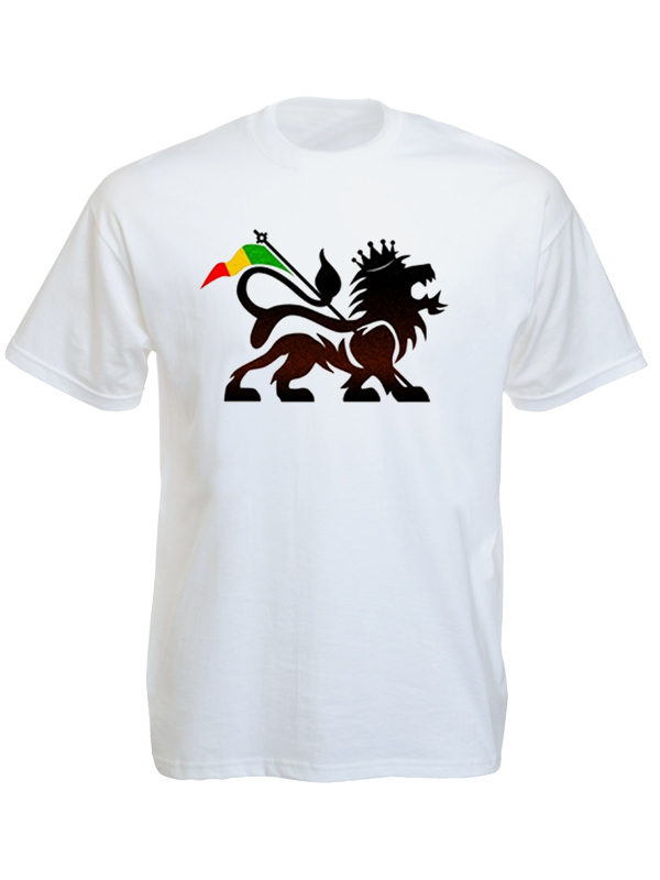 T-Shirt Blanc Manches Courtes en Coton avec le Lion Conquérant Rasta