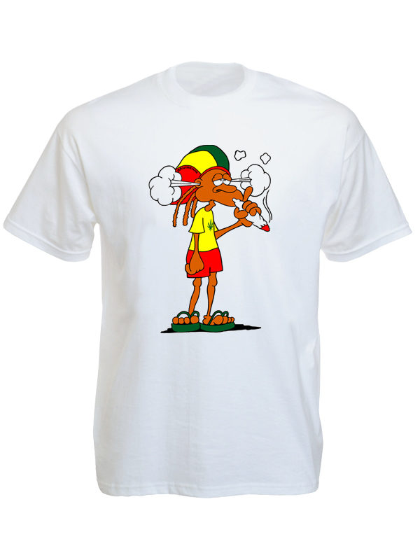 T-Shirt Blanc Humour en Coton avec Imprimé Hippie Rasta