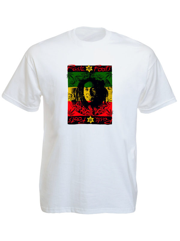 T-shirt Blanc en Coton Rétro Bob Marley Rasta Roots