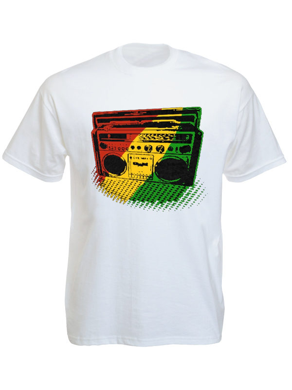 T-Shirt Blanc à Manches Courtes avec Sono Reggae Rasta