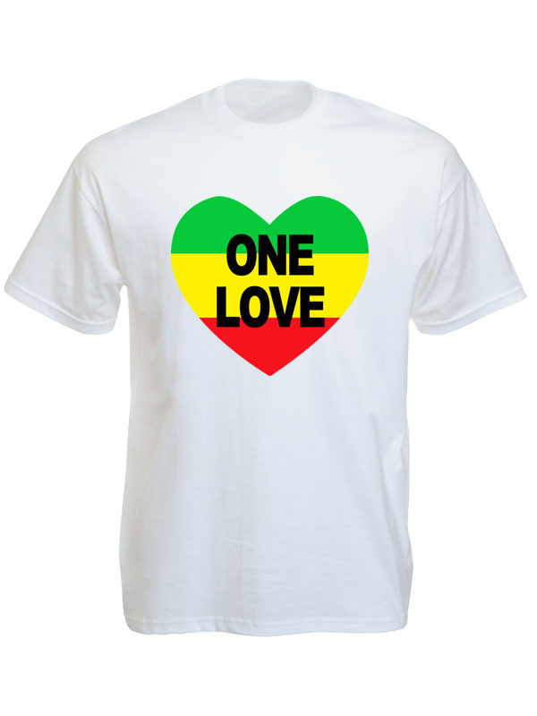 T-Shirt Blanc Manches Courtes One Love avec un Cœur Rasta