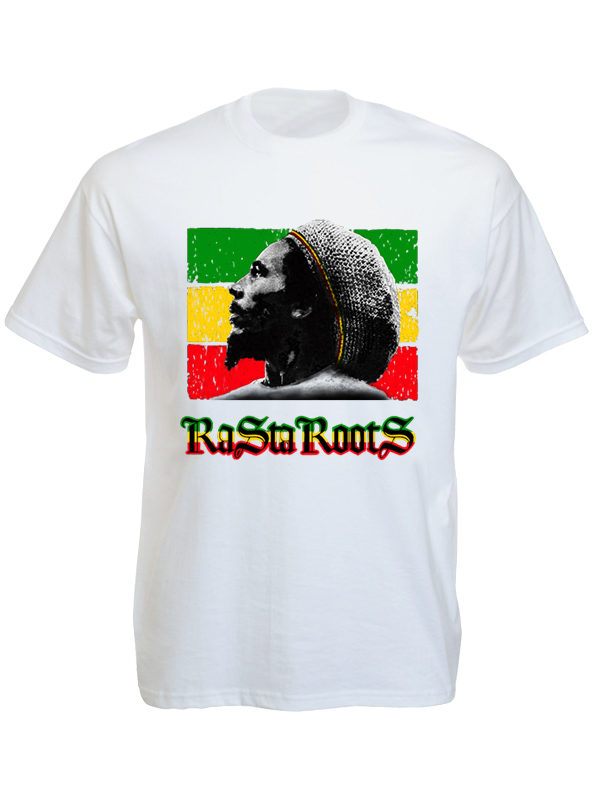T-Shirt Bob Marley Blanc avec Inscription Rasta Roots