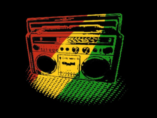 T-Shirt Noir en Coton Imprimé Poste Radio Cassette Rasta Reggae