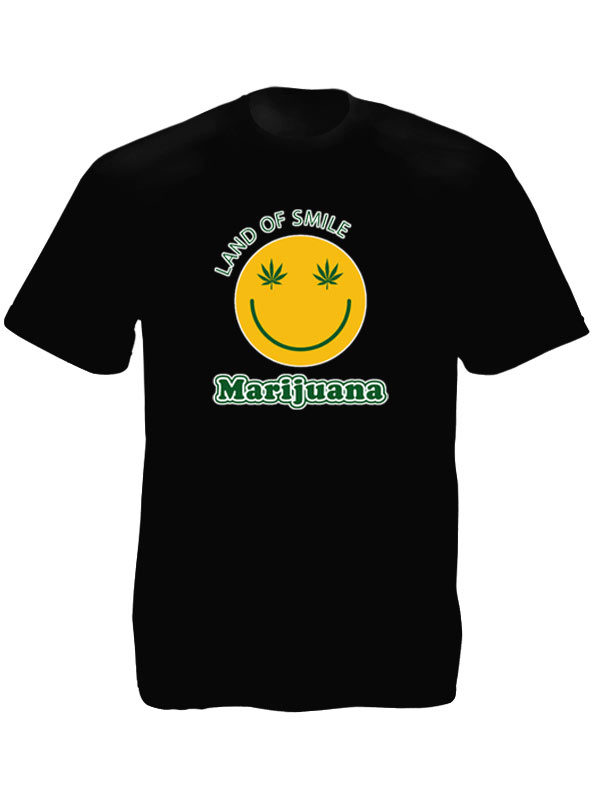 T-Shirt Noir en Coton Pub pour la Marijuana avec Smiley