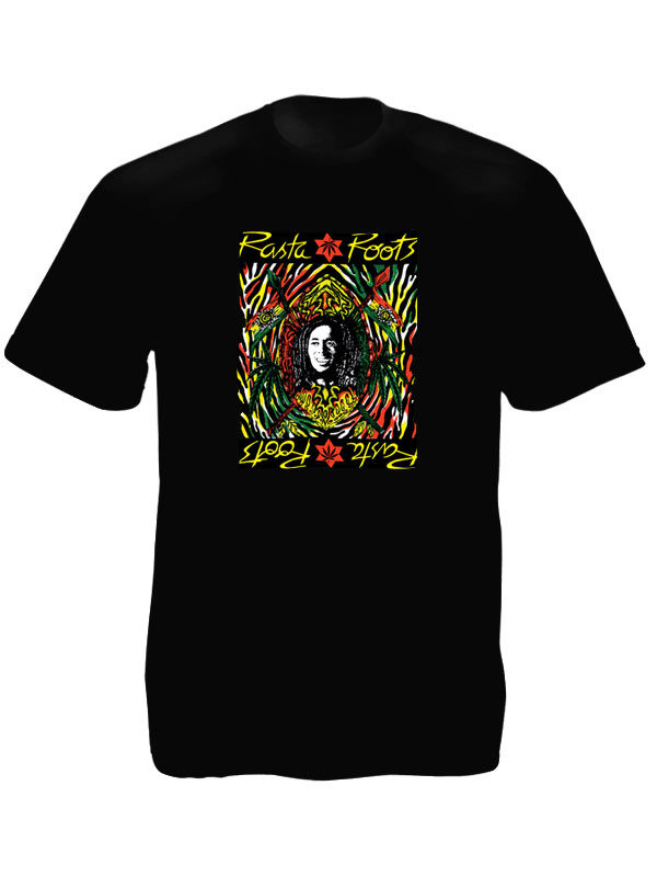 Tee Shirt Noir à Col Rond Pur Style Reggae Roots avec Bob Marley