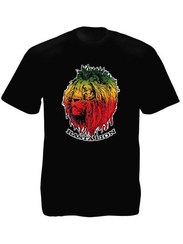 Tee Shirt Noir en Coton Impression Lion des Rastas Vert Jaune Rouge