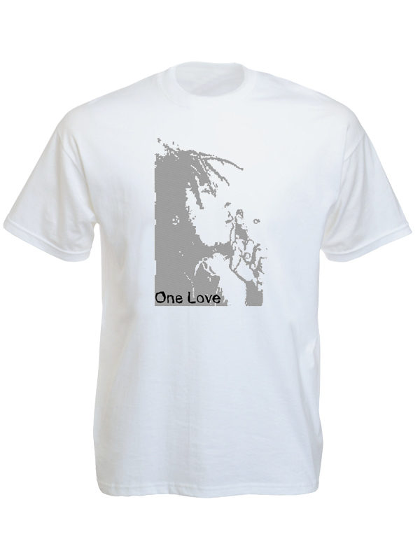 Tshirt Blanc Impression Pixélisée Monochrome Bob Marley One Love