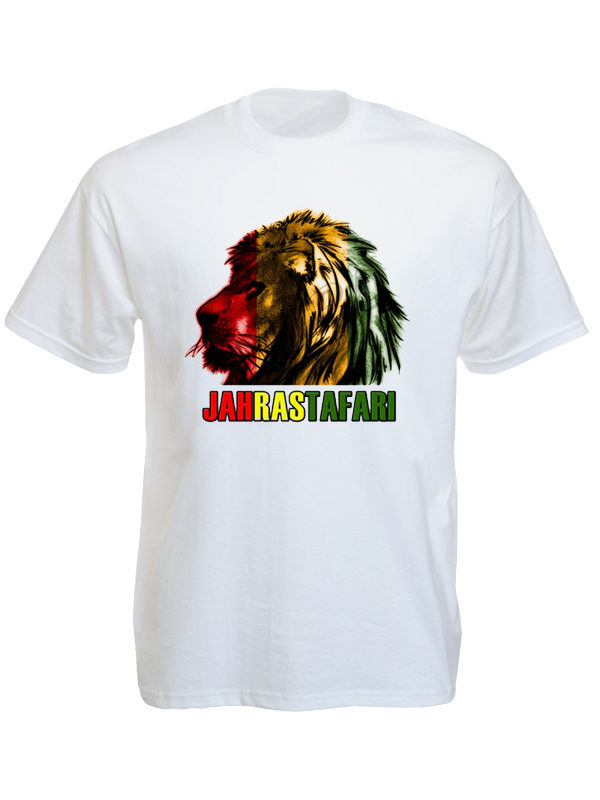 Tshirt Blanc Jah Rastafari Lion de Juda en Coton Col Rond