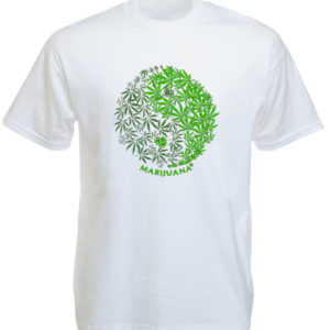 T-Shirt Blanc Manches Courtes Signe Yin Yang Feuilles de Cannabis