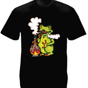 T-Shirt Noir Fantaisie Grenouille Verte Fumant du Cannabis au Narguilé